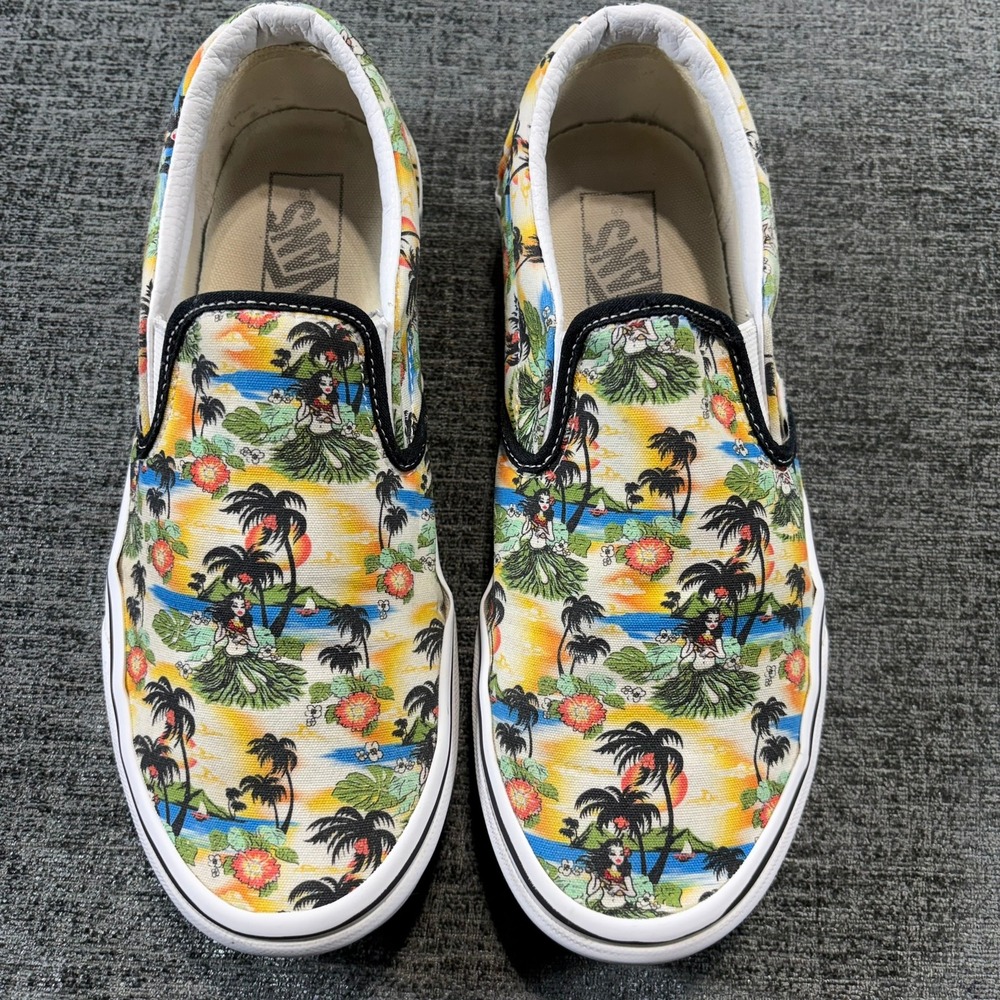 Vans Slip On Unisex Men 8 Women 9.5 Multicolor Hula Girl‎ Tropical Beach Sunset